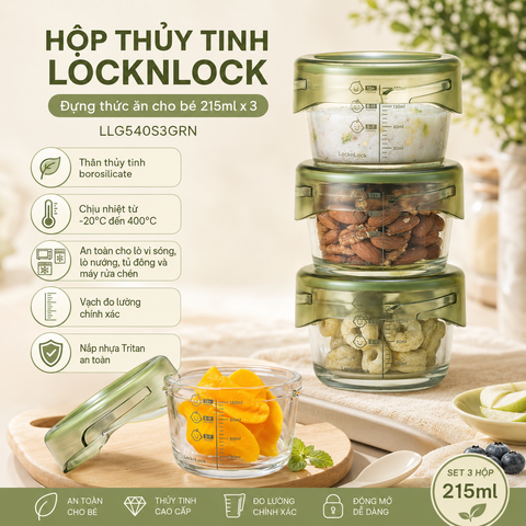 Hộp Thủy Tinh LocknLock đựng thức ăn cho bé 215ml*3 - LLG540S3GRN dùng được lò vi sóng, lò nướng, máy rửa bát