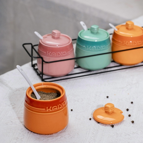 Bộ 3 hũ gốm sứ đựng gia vị Kaiyo Rainbowl kèm giá đựng