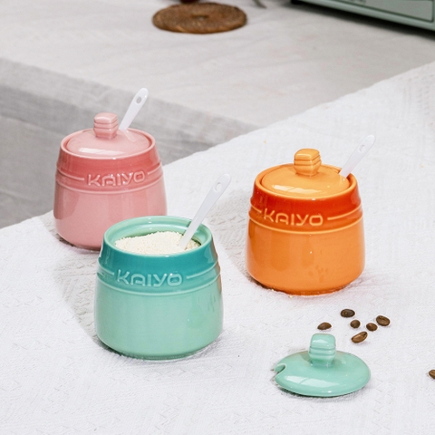 Bộ 3 hũ gốm sứ đựng gia vị Kaiyo Rainbowl kèm giá đựng