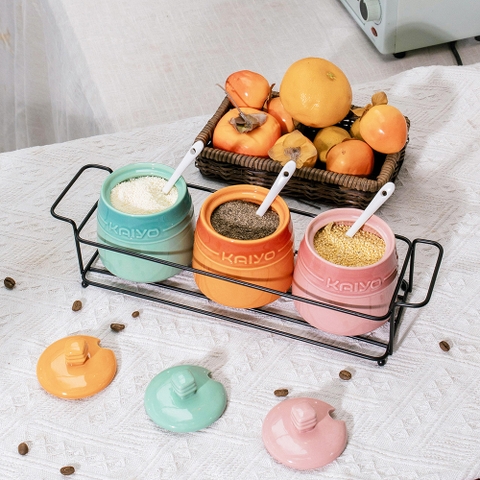 Bộ 3 hũ gốm sứ đựng gia vị Kaiyo Rainbowl kèm giá đựng