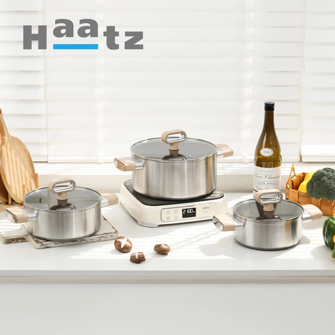 Bộ nồi Titanium Aura Haatz lòng siêu chống dính 7 lớp đáy dày dặn dùng mọi loại bếp (18cm, 20cm, 24cm)