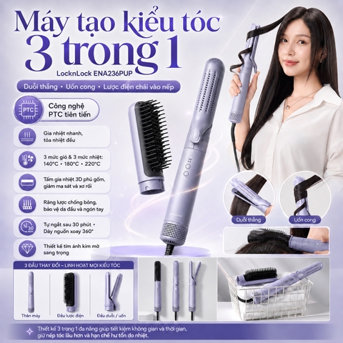 Máy tạo kiểu tóc LocknLock ENA236PUP 3 trong 1 duỗi thẳng, uốn cong, lược điện chải vào nếp công nghệ PTC tiên tiến