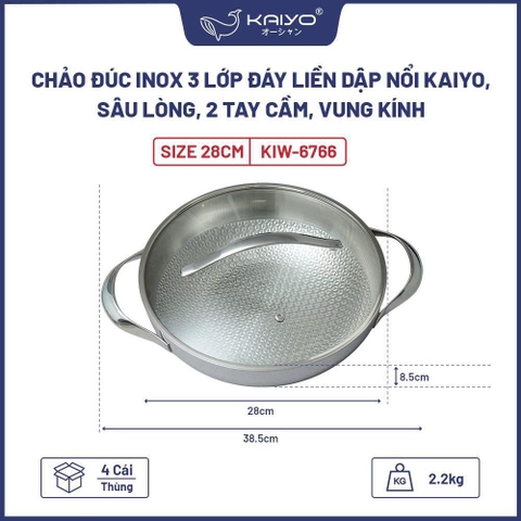 Nồi lẩu - chảo đúc inox 304 3 lớp đáy liền dập nổi Kaiyo sâu lòng 2 tay cầm vung kính size 24cm, 28cm