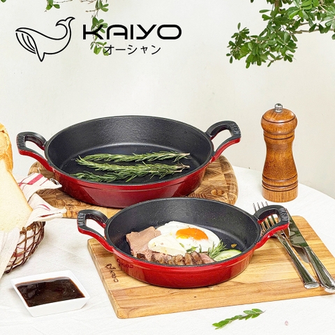 Chảo gang 2 tay cầm Oceno màu đỏ phủ men gốm chống dính tự nhiên bền bỉ an toàn