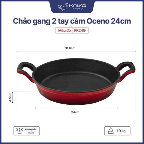Chảo gang 2 tay cầm Oceno màu đỏ phủ men gốm chống dính tự nhiên bền bỉ an toàn