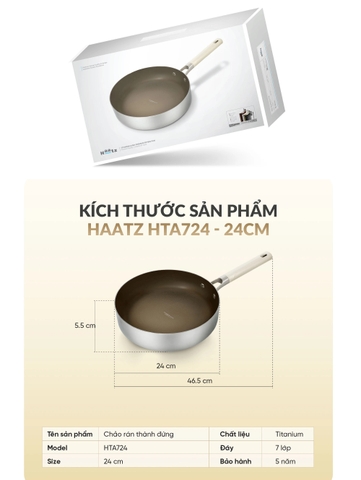 Chảo rán thành đứng Haatz Titanium Aura inox 316 đáy 7 lớp size 20-24-26cm