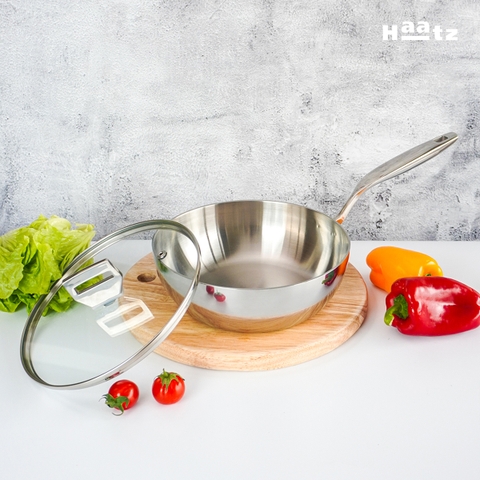 Chảo sâu lòng Inox 316 liền khối Haatz đáy 3 lớp sâu lòng vung kính dùng mọi loại bếp