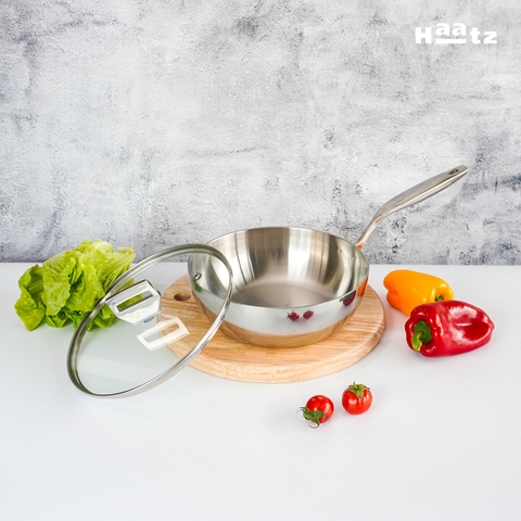 Chảo sâu lòng Inox 316 liền khối Haatz đáy 3 lớp sâu lòng vung kính dùng mọi loại bếp