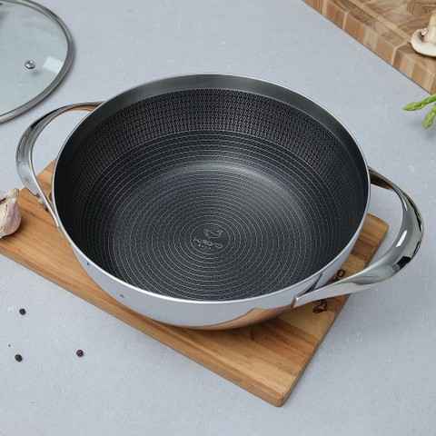Chảo 2 tay - Nồi lẩu inox 18/10 chống dính hoa văn nổi KAIYO Quantinium Silver Crown 24cm - 28cm
