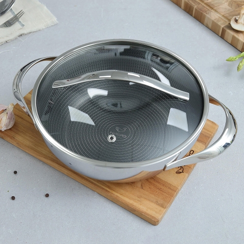 Chảo 2 tay - Nồi lẩu inox 18/10 chống dính hoa văn nổi KAIYO Quantinium Silver Crown 24cm - 28cm