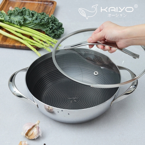 Chảo 2 tay - Nồi lẩu inox 18/10 chống dính hoa văn nổi KAIYO Quantinium Silver Crown 24cm - 28cm