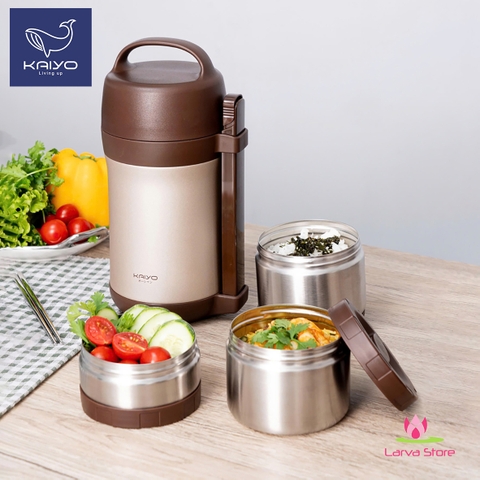 Bộ hộp cơm giữ nhiệt Kaiyo 1600ml bằng inox 304 kèm hộp đựng đũa (màu nâu)