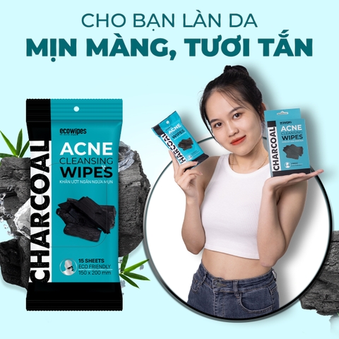 Khăn ướt rửa mặt ngừa mụn than hoạt tính EcoWipes gói 15 tờ giảm viêm giảm mụn hiệu quả