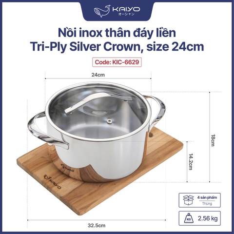 Bộ nồi inox 18/10 KAIYO thân đáy liền Tri-Ply Silver Crown