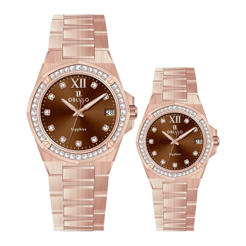 ĐỒNG HỒ CẶP ĐÔI OBLVLO AW-D-N SWISS QUARTZ MÀU NÂU ĐÍNH ĐÁ SANG TRỌNG
