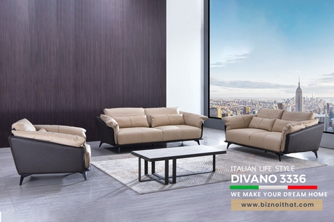 Bộ Sofa văng da bò nhập khẩu Full 100% da bò Divano S3336 dài 2,22m màu Kem pha Nâu