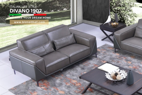 Bộ Sofa văng da bò nhập khẩu Full 100% da bò Divano S1902 dài 2,2m màu Xám Dark Grey