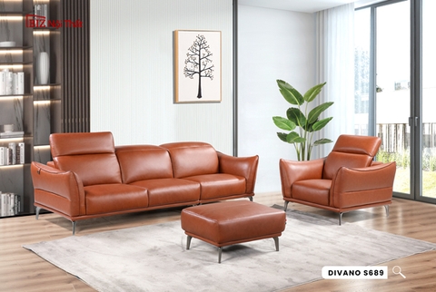 Bộ Ghế Sofa Văng chất liệu da bò Ý nhập khẩu Divano S-689 màu Camel