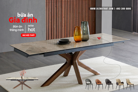 Bàn ăn thông minh kéo dài từ 1,6m đến 2,2m mặt đá Ceramic-9038 thương hiệu Biz Nội Thất