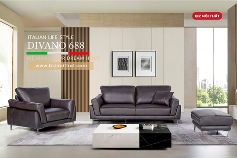 Bộ Sofa Văng chất liệu da bò Ý nhập khẩu Divano S688 dài 2,16m màu Nâu Dark Brown