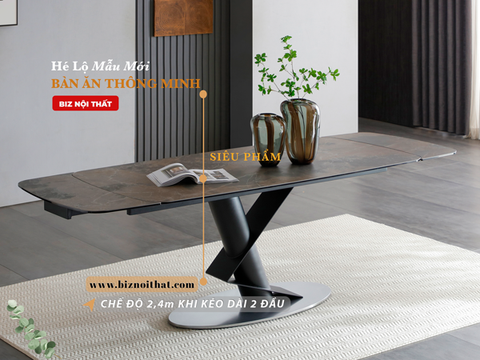 Bàn ăn thông minh kéo dài từ 1,8m đến 2,4m mặt đá Ceramic-1125 thương hiệu Biz Nội Thất