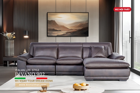 Bộ Sofa góc L chất liệu da bò Ý nhập khẩu Divano L902 màu nâu Dark Brown