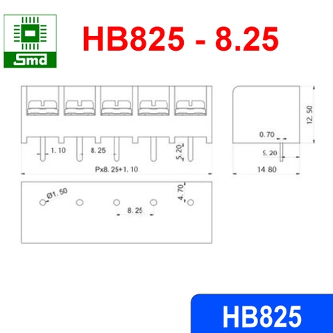 HB825 - 2P Domino, Connecter HB8.25, Cầu Đấu 8.25MM Màu Đen