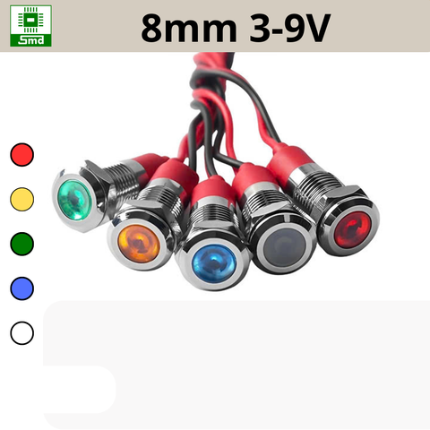 (8mm 3-9V) Đèn led báo nguồn chống nước IP67 vỏ kim loại 3-9V Các màu Đỏ, Xanh Lá, Xanh Dương, Vàng ,Trắng