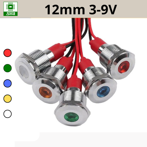 (12mm 3-9V) Đèn led báo nguồn chống nước IP67 vỏ kim loại 3-9V Các màu Đỏ, Xanh Lá, Xanh Dương, Vàng ,Trắng