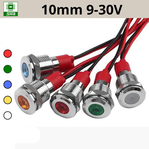(10mm 9-30V) Đèn led báo nguồn chống nước IP67 vỏ kim loại 9-30V Các màu Đỏ, Xanh Lá, Xanh Dương, Vàng ,Trắng