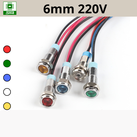 (6mm 220V) Đèn led báo nguồn chống nước IP67 vỏ kim loại 220V Các màu Đỏ, Xanh Lá, Xanh Dương, Vàng ,Trắng