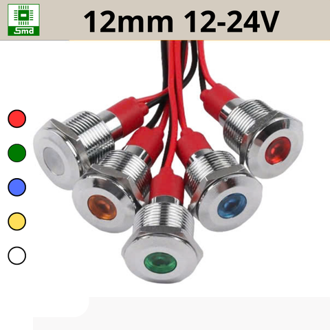 (12mm 12-24V) Đèn led báo nguồn chống nước IP67 vỏ kim loại 12-24V Các màu Đỏ, Xanh Lá, Xanh Dương, Vàng ,Trắng
