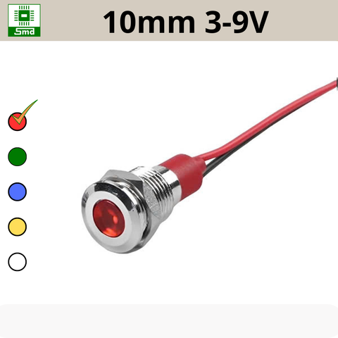 (10mm 3-9V) Đèn led báo nguồn chống nước IP67 vỏ kim loại 3-9V Các màu Đỏ, Xanh Lá, Xanh Dương, Vàng ,Trắng