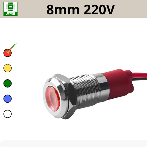 (8mm 220V) Đèn led báo nguồn chống nước IP67 vỏ kim loại 220V Các màu Đỏ, Xanh Lá, Xanh Dương, Vàng ,Trắng