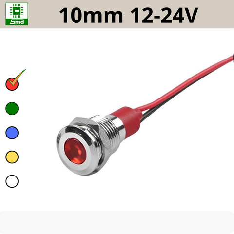(10mm 12-24V) Đèn led báo nguồn chống nước IP67 vỏ kim loại 12-24V Các màu Đỏ, Xanh Lá, Xanh Dương, Vàng ,Trắng