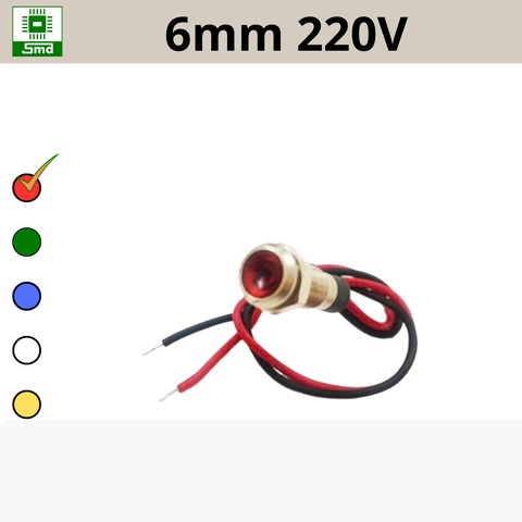 (6mm 220V) Đèn led báo nguồn chống nước IP67 vỏ kim loại 220V Các màu Đỏ, Xanh Lá, Xanh Dương, Vàng ,Trắng