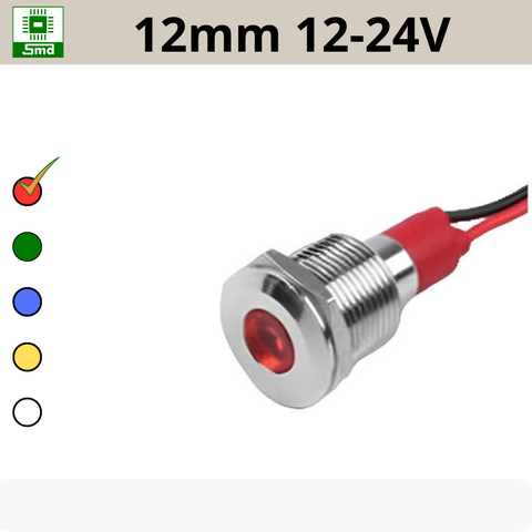 (12mm 12-24V) Đèn led báo nguồn chống nước IP67 vỏ kim loại 12-24V Các màu Đỏ, Xanh Lá, Xanh Dương, Vàng ,Trắng