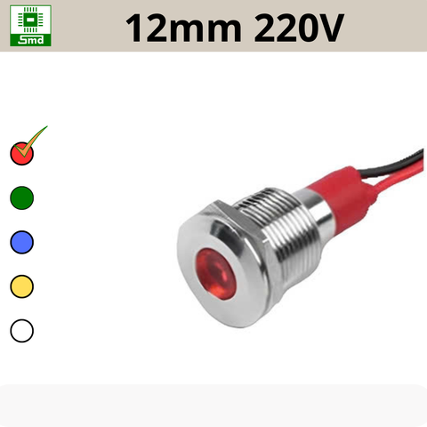 (12mm 220V) Đèn led báo nguồn chống nước IP67 vỏ kim loại 220V Các màu Đỏ, Xanh Lá, Xanh Dương, Vàng ,Trắng