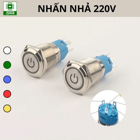 (Led 220V) Nút nhấn nhả Chống nước 16mm Biểu tượng Power Vỏ kim loại Inox 304 Cao cấp Đèn led các màu đỏ xanh trắng
