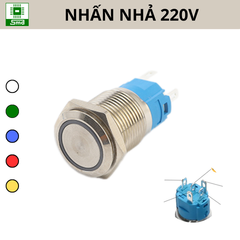 (Led 220V) Nút nhấn nhả Chống nước 16mm Led Viền Tròn Vỏ kim loại Inox 304 Cao cấp Đèn led các màu đỏ xanh trắng