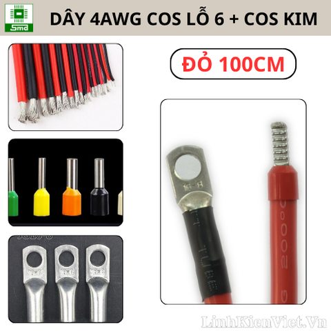 (Dài 100Cm) 4AWG Dây Silicon đỏ bấm cos JG25-6 + 1 Đầu cose Kim dài 100 Cm