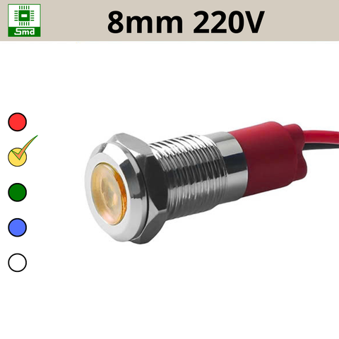 (8mm 220V) Đèn led báo nguồn chống nước IP67 vỏ kim loại 220V Các màu Đỏ, Xanh Lá, Xanh Dương, Vàng ,Trắng