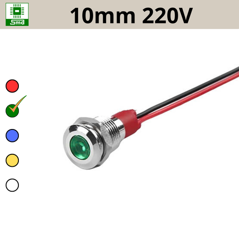 (10mm 220V) Đèn led báo nguồn chống nước IP67 vỏ kim loại 220V Các màu Đỏ, Xanh Lá, Xanh Dương, Vàng ,Trắng