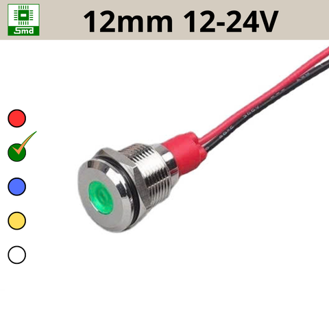 (12mm 12-24V) Đèn led báo nguồn chống nước IP67 vỏ kim loại 12-24V Các màu Đỏ, Xanh Lá, Xanh Dương, Vàng ,Trắng