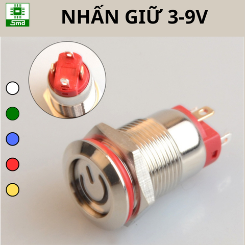 (Led 3-9V) Công tắc nhấn Giữ Chống nước 12mm Biểu Tượng Power Đầu Bằng Vỏ kim loại Inox 304 Cao cấp Đèn led các màu đỏ xanh trắng