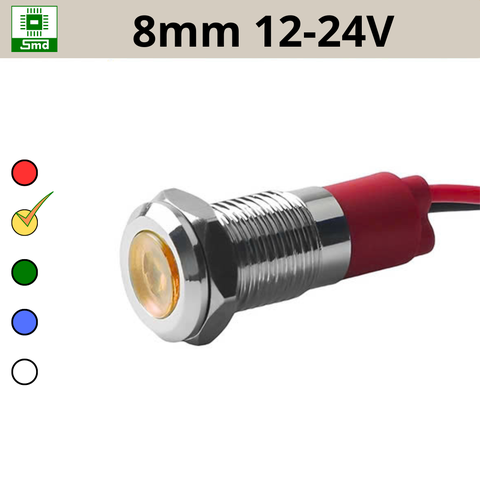 (8mm 12-24V) Đèn led báo nguồn chống nước IP67 vỏ kim loại 12-24V Các màu Đỏ, Xanh Lá, Xanh Dương, Vàng ,Trắng
