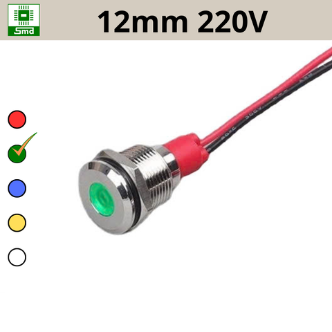 (12mm 220V) Đèn led báo nguồn chống nước IP67 vỏ kim loại 220V Các màu Đỏ, Xanh Lá, Xanh Dương, Vàng ,Trắng