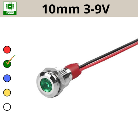 (10mm 3-9V) Đèn led báo nguồn chống nước IP67 vỏ kim loại 3-9V Các màu Đỏ, Xanh Lá, Xanh Dương, Vàng ,Trắng