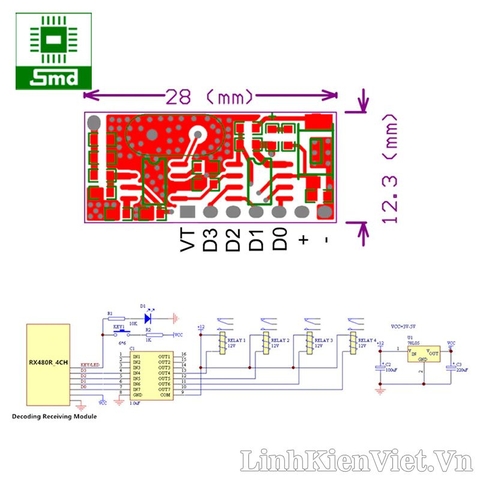 Module thu RF 433MHz RX480 4 kênh học lệnh (7 chế độ)