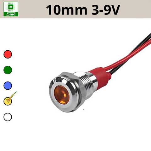 (10mm 3-9V) Đèn led báo nguồn chống nước IP67 vỏ kim loại 3-9V Các màu Đỏ, Xanh Lá, Xanh Dương, Vàng ,Trắng